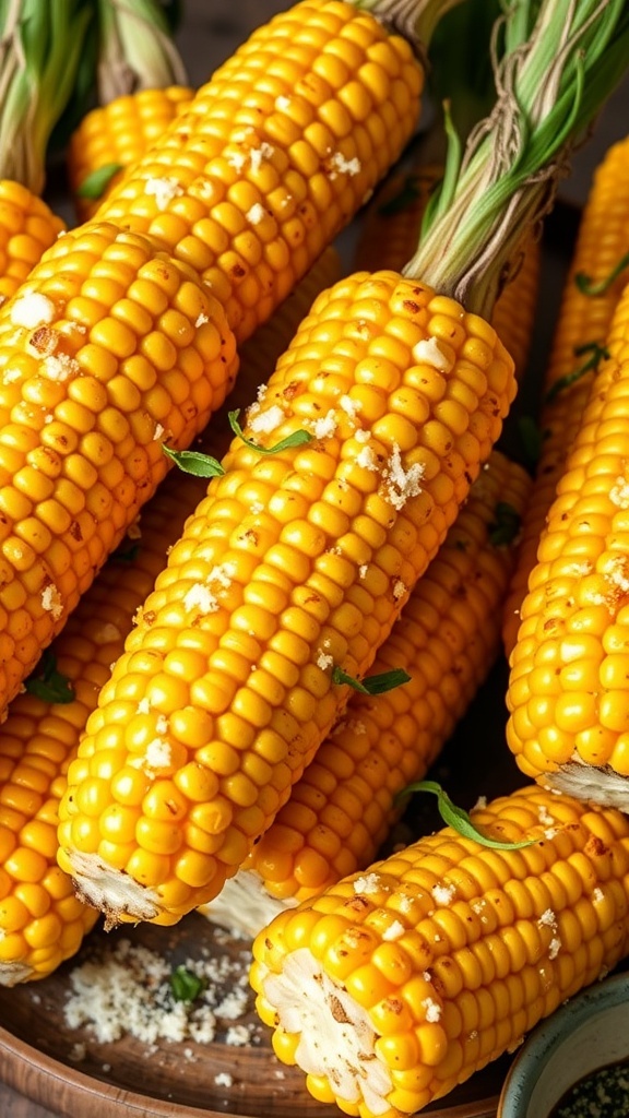 Oven-Roasted Corn on the Cob Recipe Oven-roasted corn on the cob, golden and seasoned, served on a wooden platter with herbs and cheese.